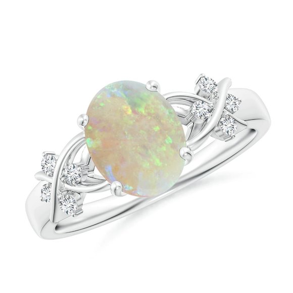 Solitaire Oval Opal Criss Cross Ring with Diamonds - Picture 1 of 16